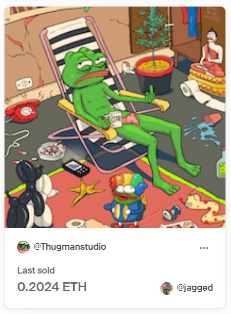 OHhhhhhhhh !!!!! 🔥🔥🔥
big thank so much bro. ❤️

Offer made by

0.2024 ETH
<a href="/jaggedsoft/">jagged</a>
<a href="/jaggedVIP/">SKOPfather</a> 

foundation.app/@Thugmanstudio…
enjoy my artwork.^^linktr.ee/ThugManStudio #pepethefrog #pepefrog #pepe #FrogFam