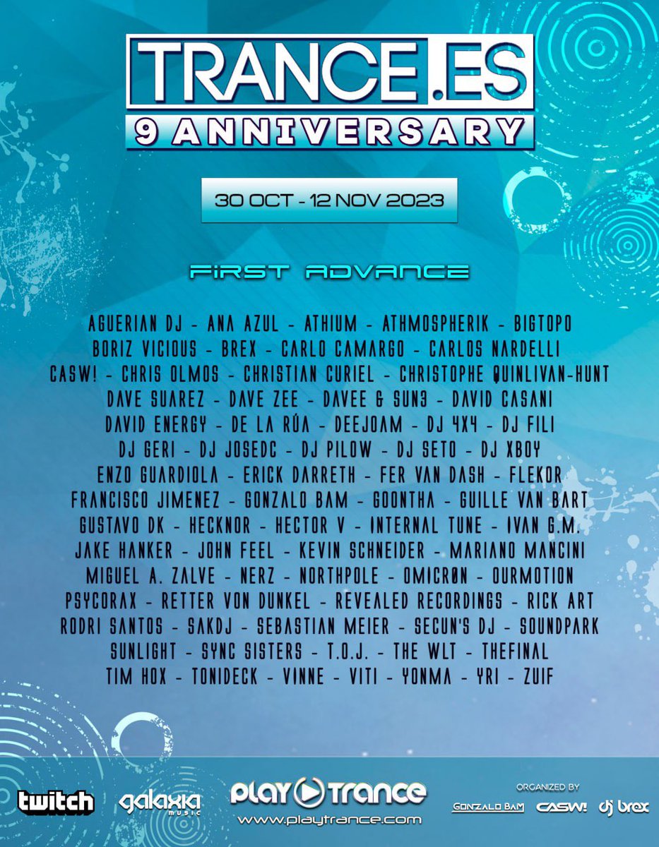 ⚠️⚠️⚠️

¡PRIMER AVANCE CON EL 50 % DEL LINE UP DEL 9 ANIVERSARIO DE TRANCE.ES! 

Disfruta del 30 de Octubre al 12 de Noviembre en <a href="/PlayTranceRadio/">PlayTrance Radio-TV Spain</a> 💃