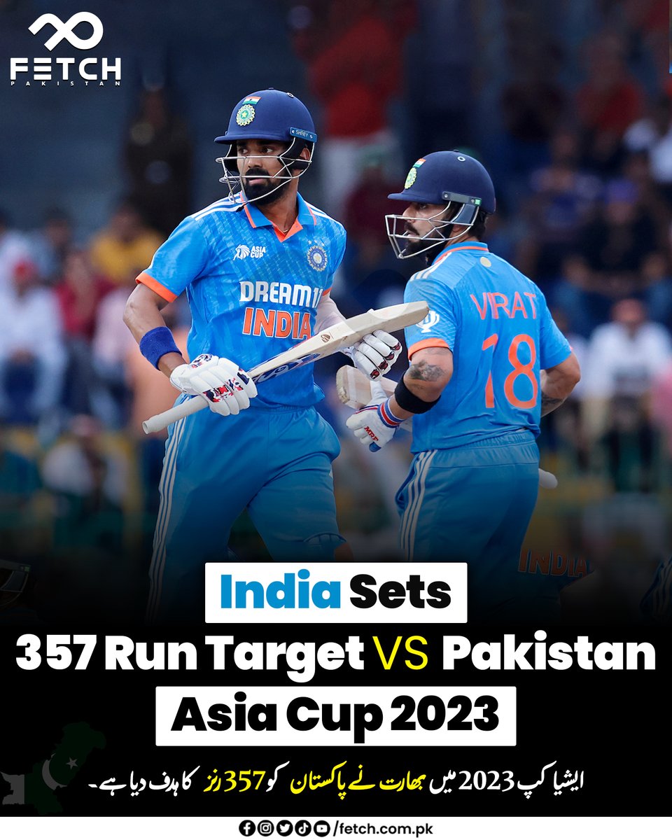 FetchPakistan's tweet photo. India has set a formidable target of 357 runs for Pakistan updated with all the action on https://t.co/vwqsCvICs0

Live Score At: https://t.co/JD9XF3SSjD

#Fetch #FetchPakistan #FetchTech #FetchNews #FetchMedia #FetchCricket #AsiaCup2023 #INDvsPAK #CricketFever #SportsAction https://t.co/25sZt8gtYD