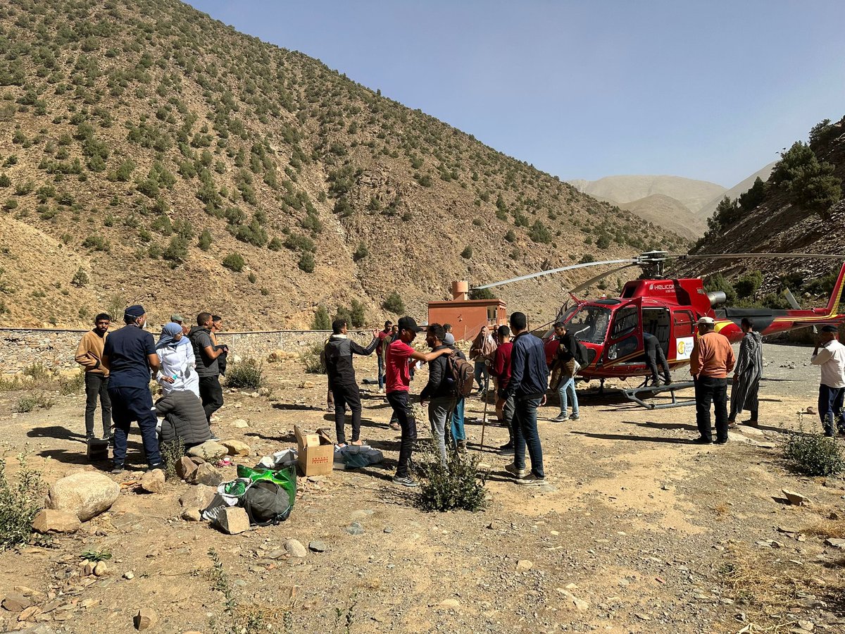 chefjoseandres's tweet photo. Whatever it takes, @WCKitchen is getting meals to communities! Many places isolated from damage so we use helicopters &amp; also bring in doctors. After dropping food we can take people back with us...today we evacuated 8 people..injured, elderly &amp; a pregnant woman. #ChefsForMorocco https://t.co/cAzncxr0LF