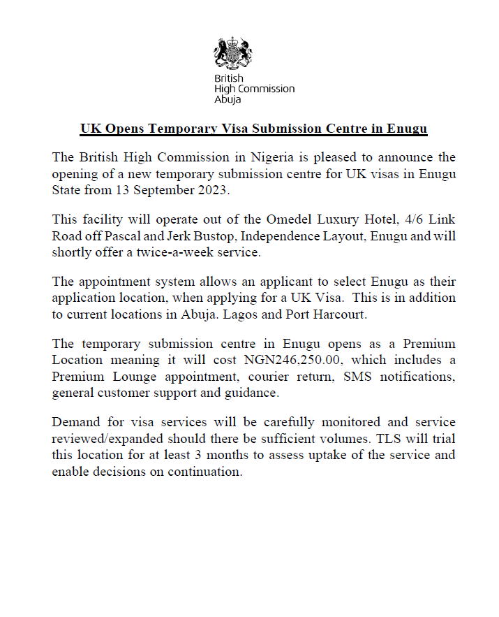 We are pleased to announce the opening of a new temporary submission centre for UK visas in Enugu State from 13 September 2023. Find out more: pos.tlscontact.com/enu_en/