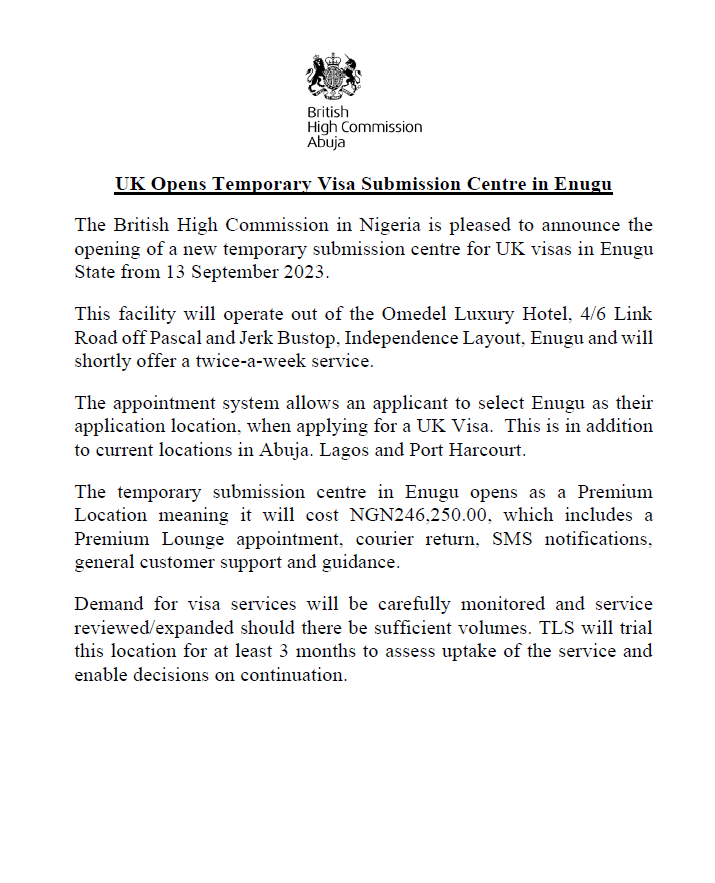 UK in Nigeria🇬🇧🇳🇬 (@ukinnigeria) on Twitter photo We are pleased to announce the opening of a new temporary submission centre for UK visas in Enugu State from 13 September 2023. 
Find out more: pos.tlscontact.com/enu_en/ We are pleased to announce the opening of a new temporary submission centre for UK visas in Enugu State from 13 September 2023. 
Find out more: pos.tlscontact.com/enu_en/