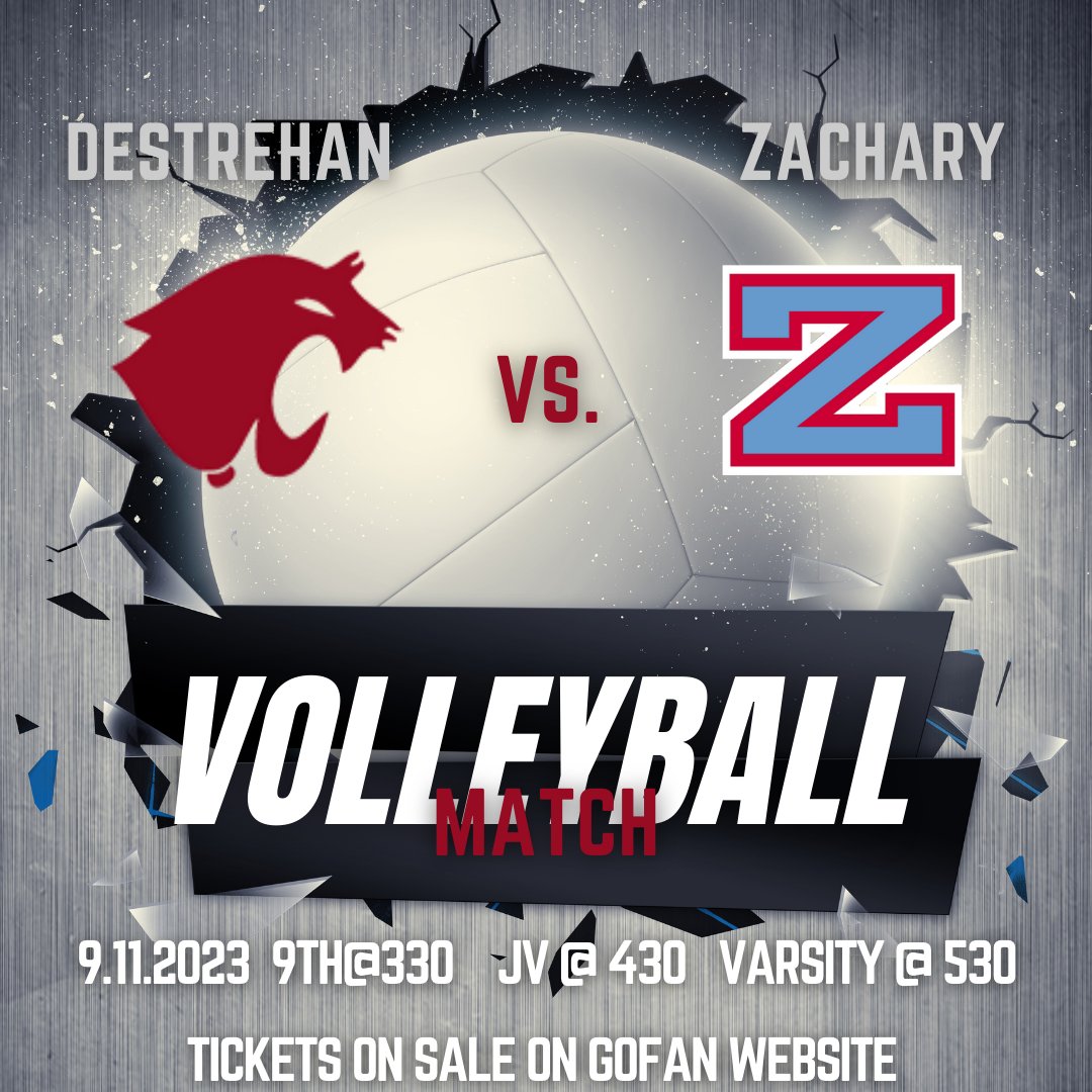 Volleyball in action this evening vs. Zachary High School Tickets can be purchased online using the link below gofan.co/event/1070175?… <a href="/DHSWildcats/">Destrehan High</a>