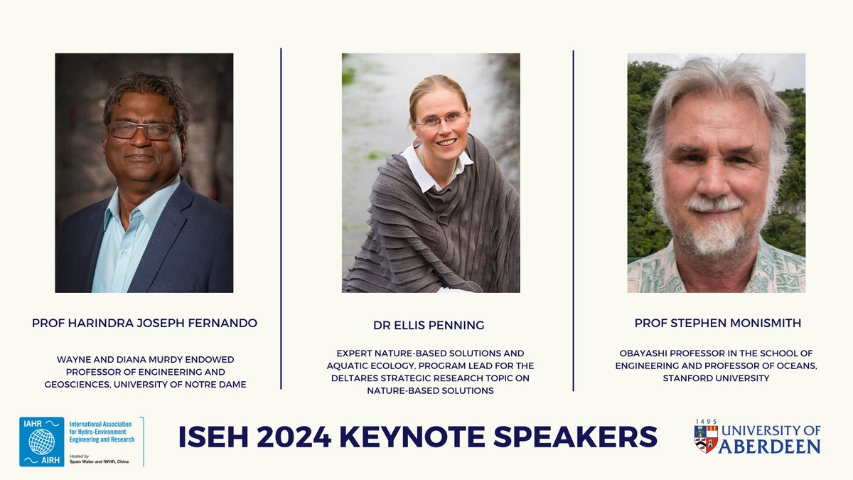 We're pleased to announce the keynote speakers for the 10th @iahr International Symposium on Environmental Hydraulics next year <a href="/aberdeenuni/">University of Aberdeen</a> from 25-27th of June. More details on iseh2024.org. 

Please submit your abstract by October 13!
#ISEH2024
