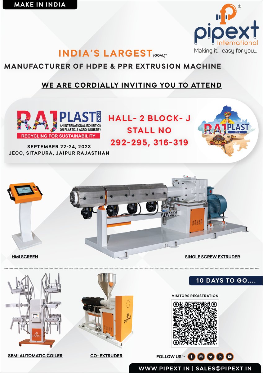 BREngg_Works's tweet image. 10 Days To Go... We are cordially inviting you to attend RAJPLAST 2023 !!
Location:- JECC, Sitapura, Jaipur Rajasthan
September 22-24, 2023
Visitors Registration:- rajplast.org/visitor-form.p…
#pipextinternational #hdpepipemachine #ahmedabad #exhibition #rajplast2023 #jaipur #inviting
