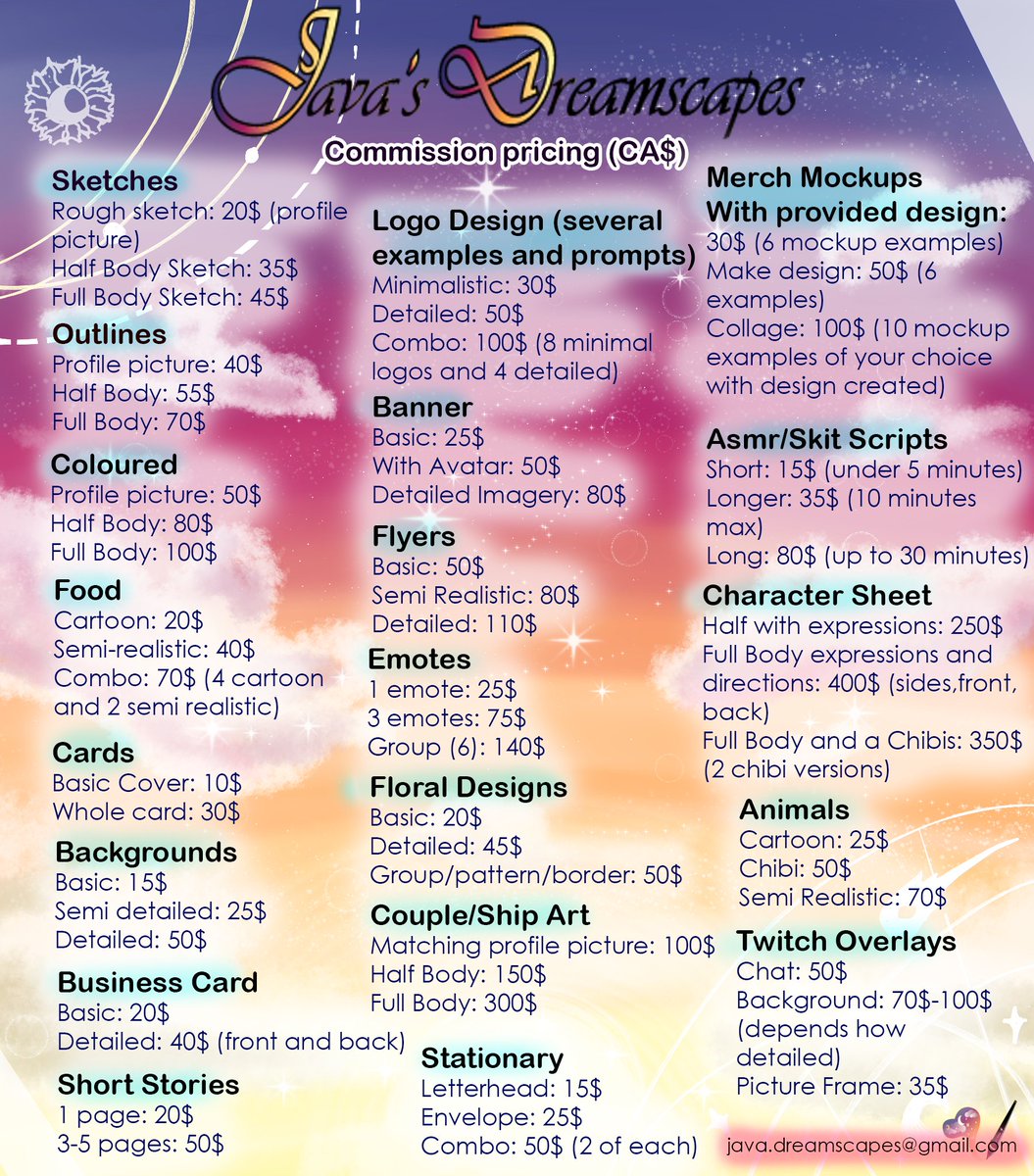 JavaDreamscapes's tweet image. Official listing pricing for all the commissions, comment if interested