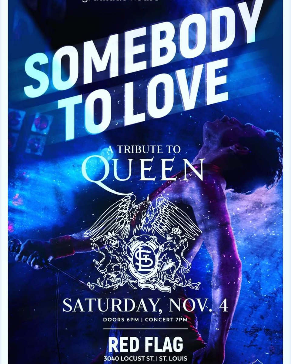 Somebody To Love; A Tribute to Queen appears in St. Louis, MO one more time in 2023. Join us at Red Flag Sat. Nov. 4 as we perform a full evening of Queen, over 30 songs. This event proudly supports Gratitude House STL 
Ticket Link: etix.com/ticket/p/40282…