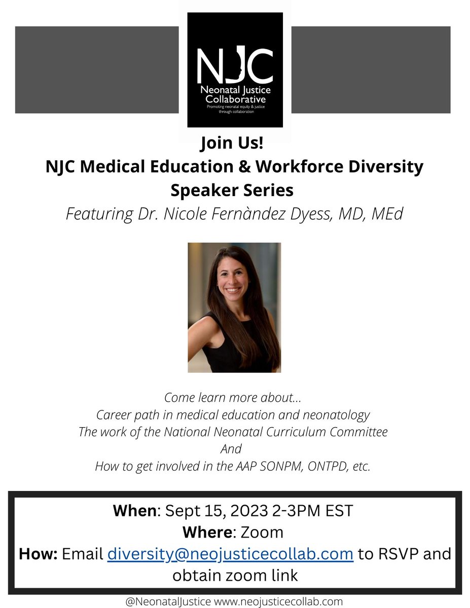 Monday morning schedule check! Register for our #MedEd and Workforce #Diversity event, Friday 9/15 2-3 EST / 11-12 PST. Dr. <a href="/NicolleDyess/">Nicolle Fernández Dyess, MD, FAAP</a> will talk about her career path in #MedEd + #Neonatology and work with <a href="/AAPNeonatal/">AAP Neonatal</a> on National Neonatal Curriculum Committee. DM/email for🔗