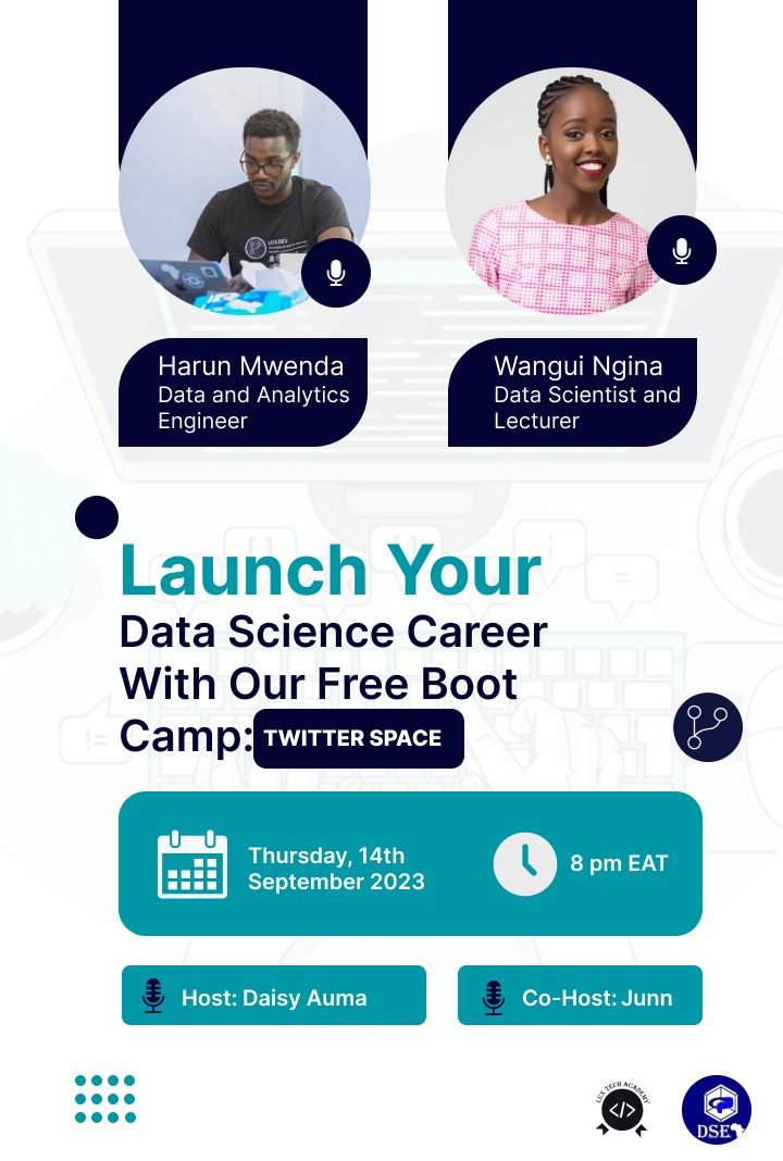 HarunMbaabu's tweet photo. On this week's @lux_academy #industryExpertsTalk @wangui_ngina, a data scientist and lecturer at Daystar University and i will be discussing Data Science Boot Camp.

In the space we will talk about mathematics and statistics for Data Science and how you can launch your career.
🧵 https://t.co/sfYxl8JkyD