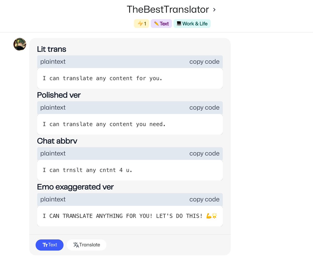 The BEST translation tool EVER is here! 🤯

1️⃣ Four different tones to fit any translation scenario!
2️⃣ One-click copy with Markdown - so easy! 🖱️
👇 Check out this reference prompt, customizable for any target language!
Click this link to try it now:app.myshell.ai/bot/twitter/be…