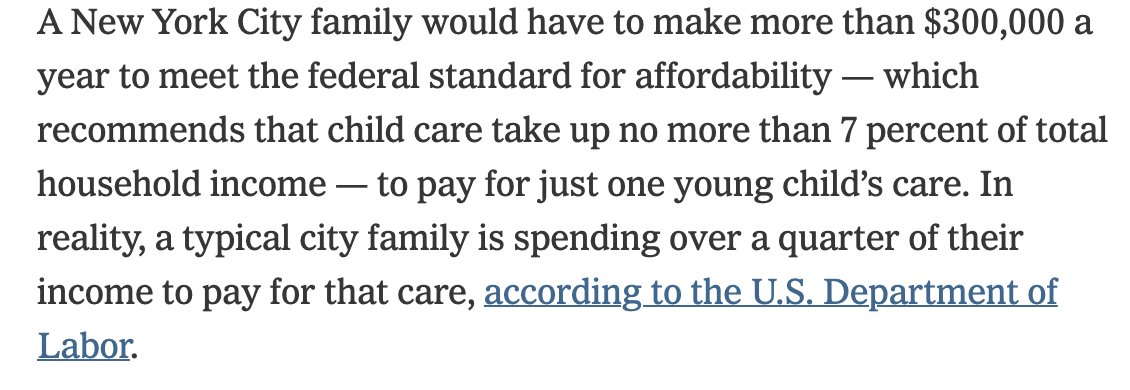 Something deeply, deeply broken in a system where NYC child care is both - so expensive for buyers, that NYC families have to make $300k to make it affordable (<7% total hhld income) - so meager for providers, that a quarter of child care workers in the city live in poverty