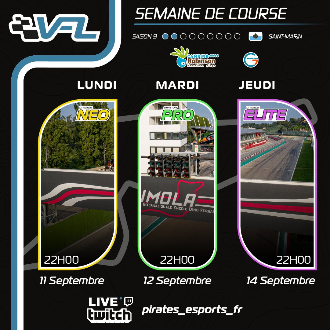 🏁RACE WEEK🏁

🏆 | SAISON 9 - MANCHE 2
🇸🇲 | SAINT MARIN
📌 | IMOLA

🟡 NEO : 11.09
🟢 PRO : 12.09
🟣 ELITE : 14.09

📺 En live stream twitch.tv/pirates_esport…