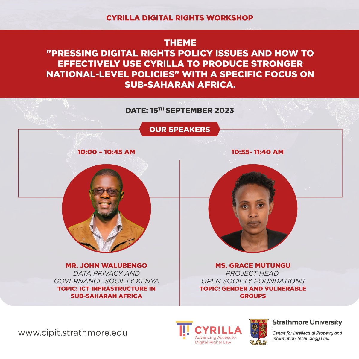 Meet the facilitators of the Virtual CYRILLA Digital Rights Workshop taking place from Wed Sep 13, 2023 to Friday Sep 15, 2023
Day 1:

Mr. John Walubengo -ICT Infrastructure in Sub-Saharan Africa

Ms. Grace Mutungu-Gender and Vulnerable Groups