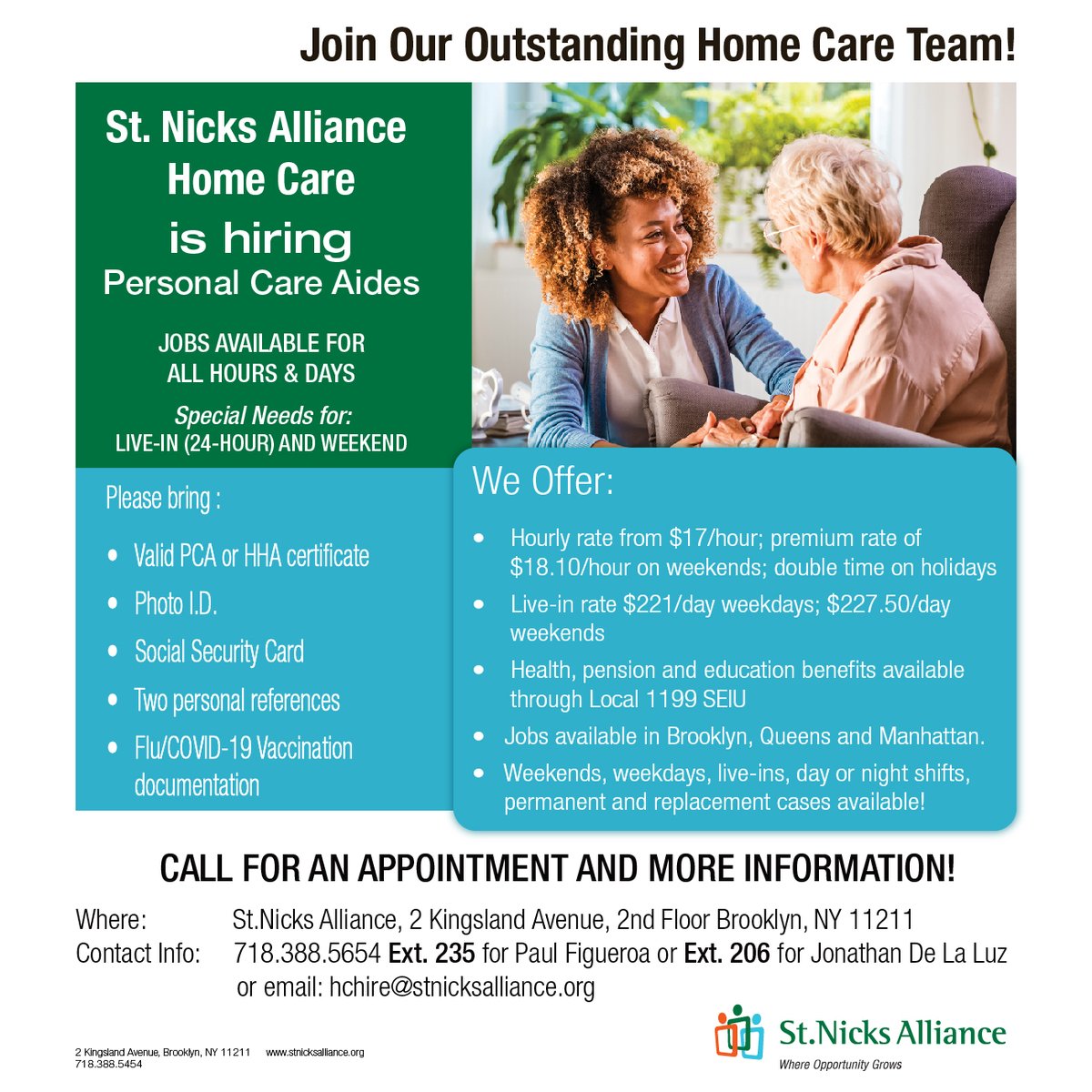 Look no further! We have home care jobs available for all hours and days with benefits.
Call 718-388-5654 Ext. 235 or Ext. 206 for an appointment and more information!
#Williamsburgbrooklyn #healthcare #eldercare #hhajobs #hha #PCA #pca #hiringnow