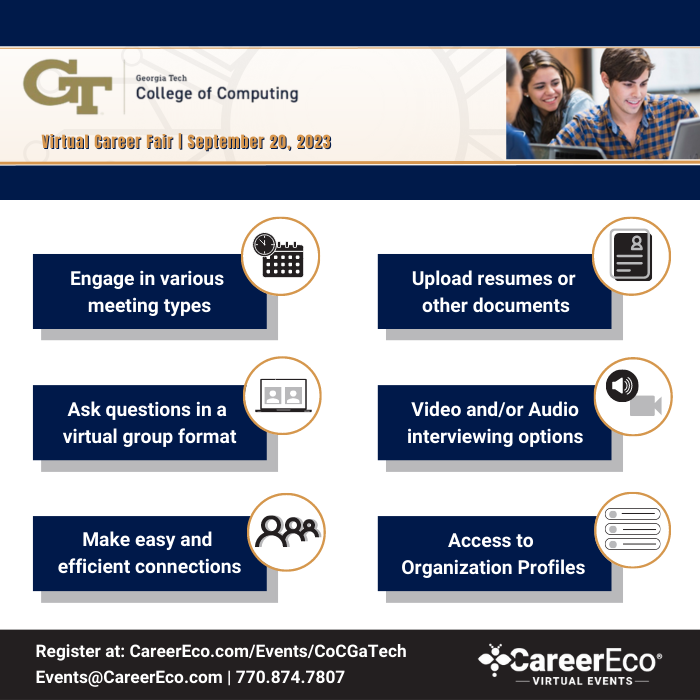CareerEco's tweet photo. Calling all Georgia Tech Alumni and current College of Computing students seeking employment - register for the 9/20 GT College of Computing Virtual Career Fair!
To learn more: https://t.co/q5vcW8ehzf
#ITJobs #hiring #careereco #computingjobs #georgiatech https://t.co/JQDPa9x81Y