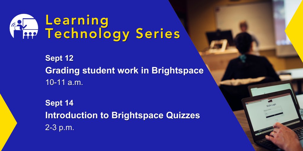 CITL_MemorialU's tweet photo. This week in our #CITLLearningTechSeries for @MemorialU instructors we have two sessions with different #Brightspace topics: grading and quizzes. For details on sessions and to register: https://t.co/GAQIHtJeN8 https://t.co/NGQccv2yXs