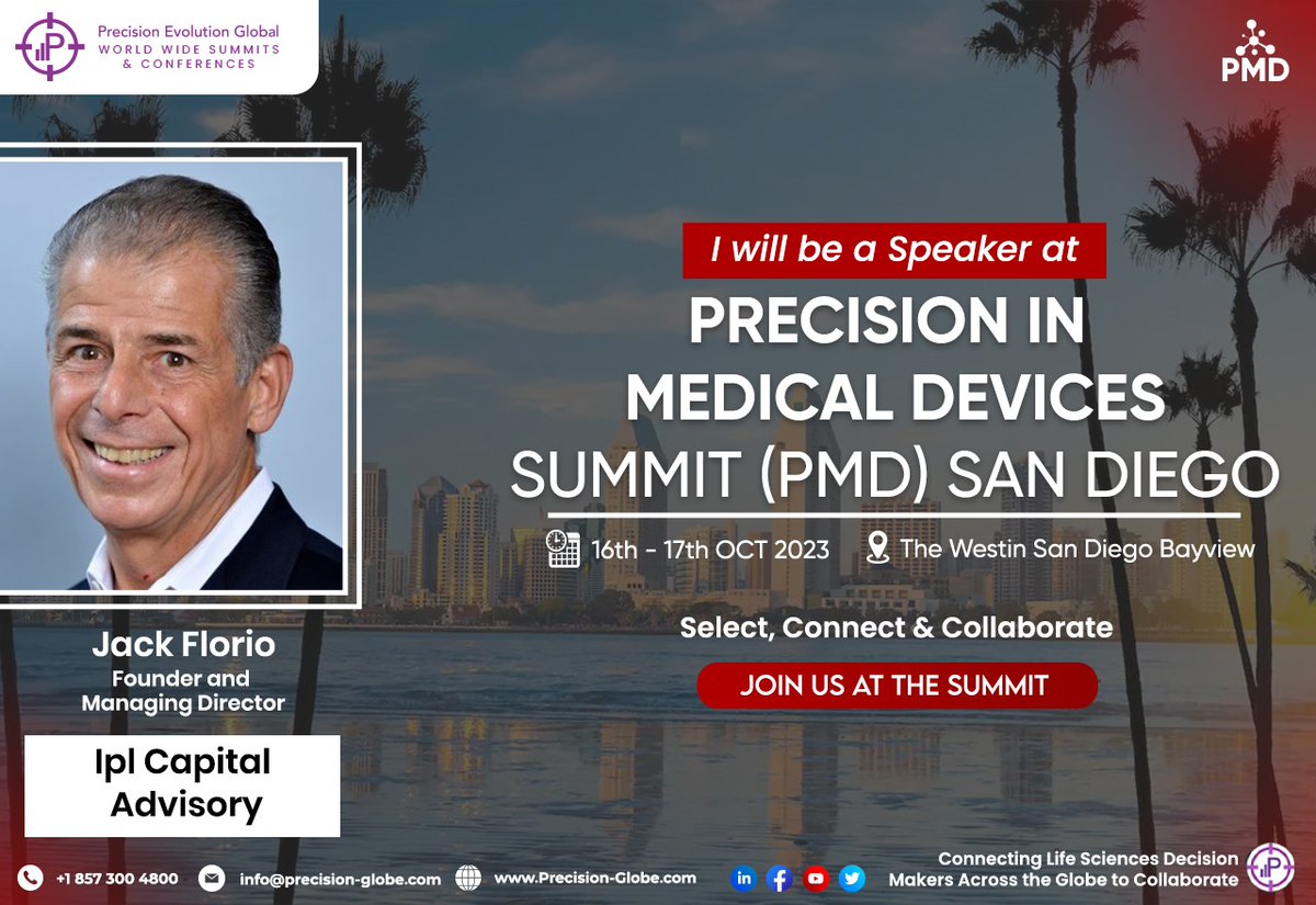 PrecisionEvolu1's tweet photo. We are thrilled to welcome Jack Florio of IPL Capital Advisory to the #PMDSUMMIT 

#MedicalDevices #MedTech #AI #ML #Data #OctoberEvent #DataManagement #DigitalHealth #Therapeutics #Patients https://t.co/IL1hI4UjiP