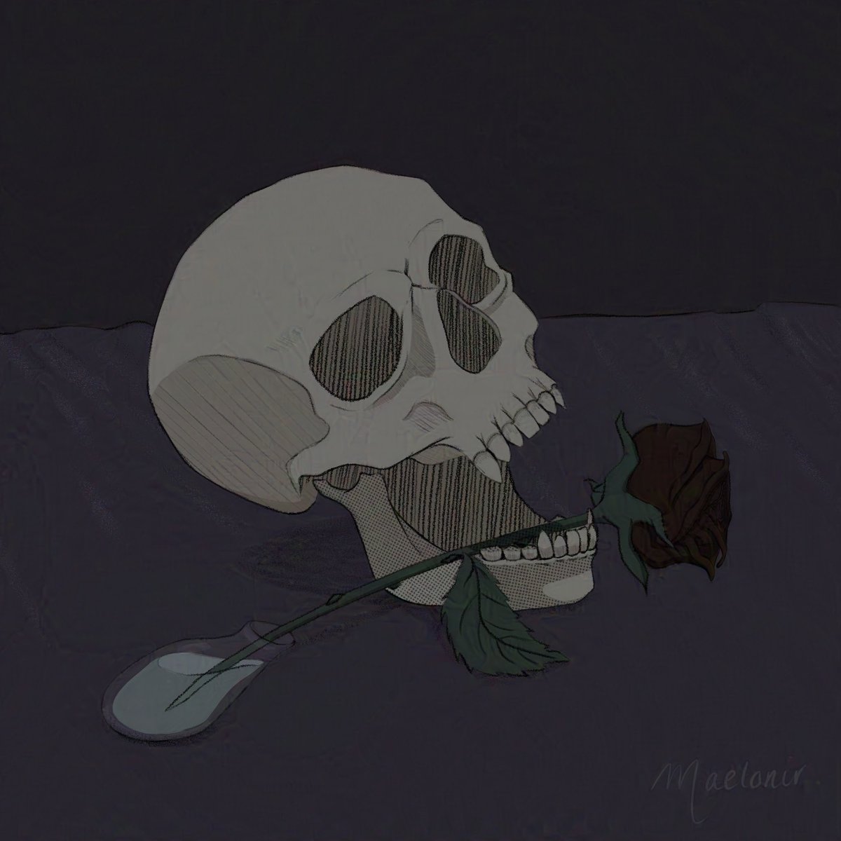 Maelonir's tweet photo. Oh do not fret about the skull. Our host likes to keep trinkets to remind them of their past loves.
#sketchtember Day 6 - skull
#sketchtember2023 #skull #digitalart #humanart #glazed #procreate https://t.co/zbVxlCnnIP
