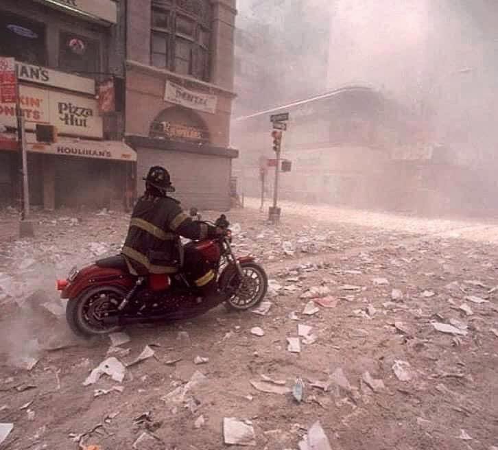 “FDNY firefighter Tim Duffy was off work the day of September 11, 2001, but when he realized what was going on, he donned his firefighter gear and rode his 2000 Super Glide Sport into lower Manhattan to help out. He made it to the base of the south tower of the World Trade Center