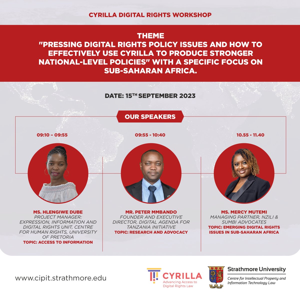 Day 3:
Ms. Hlengiwe Dube-Access to Information

Mr. Peter Mmbando-Research and Advocacy

Ms. Mercy Mutemi-Emerging Digital Rights Issues in Sub-Saharan Africa
Registration link:us02web.zoom.us/webinar/regist…