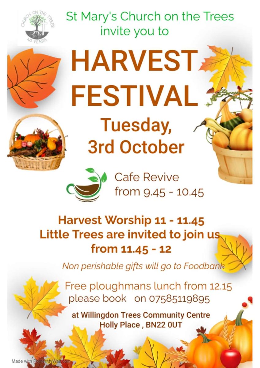 Willingdon_Tree's tweet photo. St Mary's Church on the Trees invite you to their 'Harvest Festival' on Tuesday 3rd October here at the Community Centre.

Cafe Revive  9:45 - 10:45
Harvest Worship 11-11:45
Little Trees invited to join us from 11:45-12

Free ploughmans lunch 12:15, please book on 07585119895 https://t.co/dSFixpiPPd