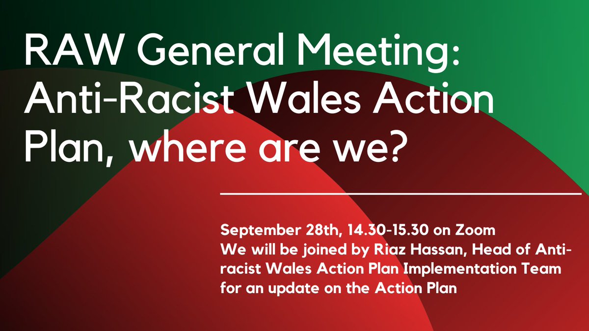 Race Alliance Wales (@walesrace) on Twitter photo We are excited to announce our next RAW general meeting on Sept 28th at 14.30
Please register below
shorturl.at/beiY0
<a href="/eystwales/">EYST- Ethnic Minorities & Youth Support Team Wales</a> <a href="/rcccymru/">Race Council Cymru</a> <a href="/BAMEMentalHS/">BAME Mental Health Support (BMHS)</a> <a href="/CAE_Wales/">The CAE</a> @welshrefcouncil <a href="/AllWalesEYST/">EYST All Wales</a> <a href="/futuregencymru/">Future Gen Cymru</a> <a href="/childcomwales/">Comisiynydd Plant | Children's Commissioner Wales</a> We are excited to announce our next RAW general meeting on Sept 28th at 14.30
Please register below
shorturl.at/beiY0
<a href="/eystwales/">EYST- Ethnic Minorities & Youth Support Team Wales</a> <a href="/rcccymru/">Race Council Cymru</a> <a href="/BAMEMentalHS/">BAME Mental Health Support (BMHS)</a> <a href="/CAE_Wales/">The CAE</a> @welshrefcouncil <a href="/AllWalesEYST/">EYST All Wales</a> <a href="/futuregencymru/">Future Gen Cymru</a> <a href="/childcomwales/">Comisiynydd Plant | Children's Commissioner Wales</a>