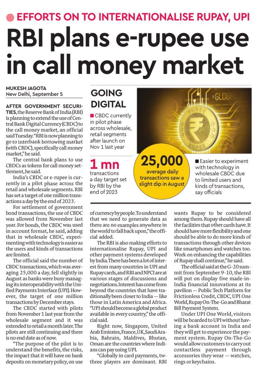 🚀 RBI Set to Expand CBDC Usage in Call Money Market 📊💱

Key Highlights:
1⃣ RBI plans CBDC pilot for interbank borrowing in the call market.
2⃣ Wholesale CBDC (e-W) launch expected this month or October.
3⃣ Retail CBDC already rolled out in digital token form since Dec 1, 2022
