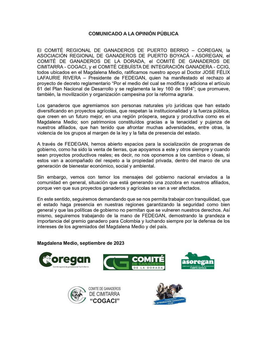 jflafaurie's tweet photo. #LlegamosATrabajar
Contundente mensaje de apoyo de los comités de ganaderos ubicados en el #MagdalenaMedio a @Fedegan y el trabajo que venimos realizando para la oferta y venta de tierras.
Firman #Coregán, #Asoregán, Comité de Ganaderos de #LaDorada, #Cogaci y CCIG. https://t.co/rgQG7xoq0z
