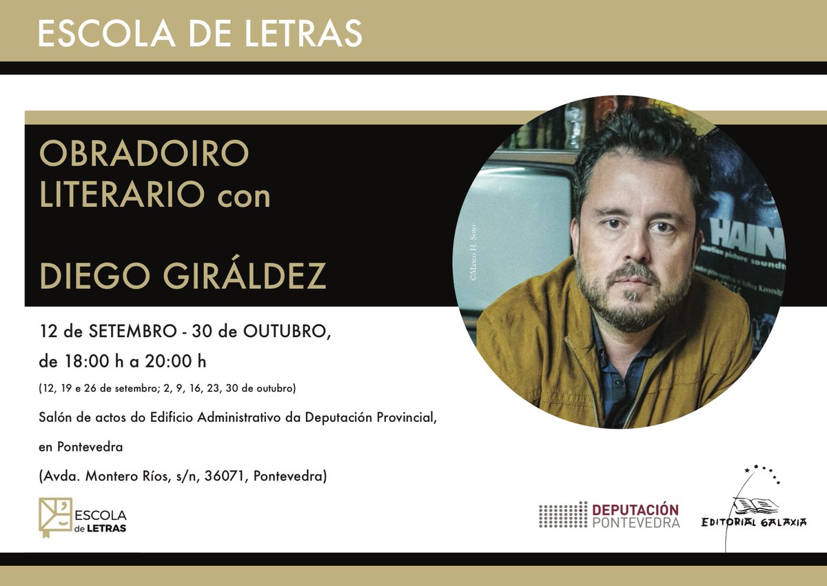 Mañá comeza en #Pontevedra o derradeiro curso da cuarta edición da <a href="/escoladeletras/">Escoladeletras</a> que puxeron en marcha a <a href="/depo_es/">Deputación Pontevedra</a> e a <a href="/EdGalaxia/">Editorial Galaxia</a>. O escritor <a href="/diegogiraldez/">Diego Giráldez 🎡</a> será o encargado de impartir o curso, que remata en outubro