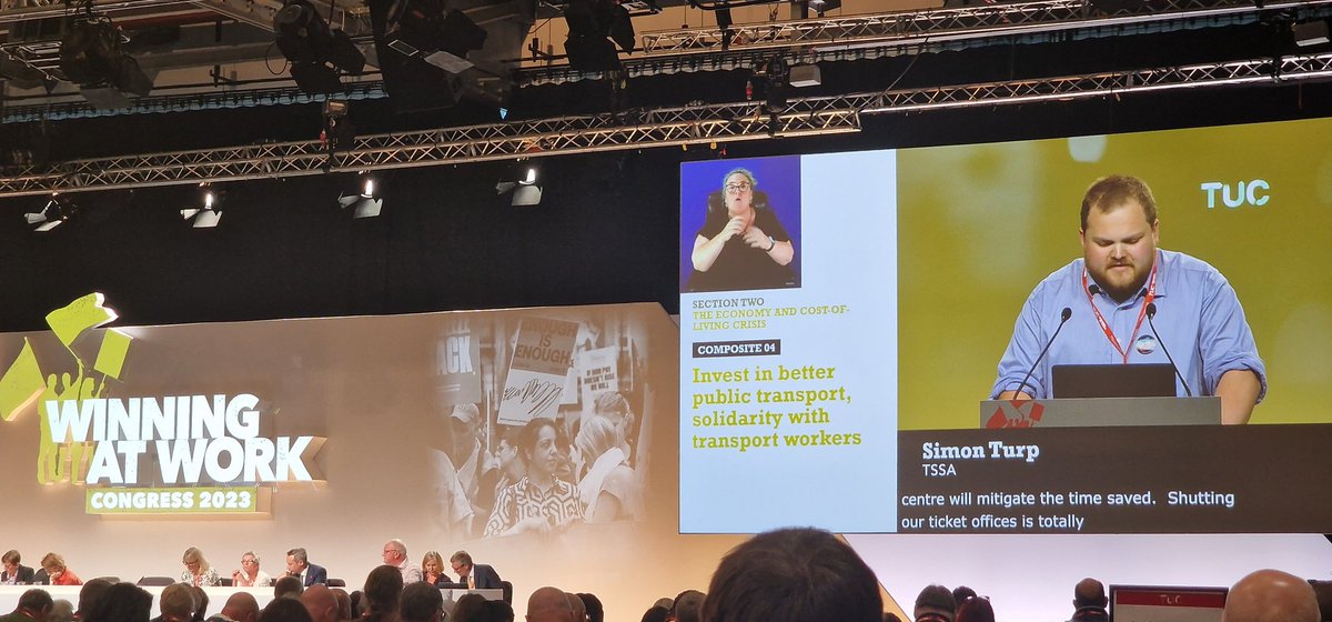 At the 'Invest in better public transport, solidarity with transport workers' debate at #TUC2023
Barnstorming speeches from @MickWhelanASLEF
@alexgordon4me & @TSSAunion
@ItsSimonTurp 
Railways need to be safe accessible and affordable for all!