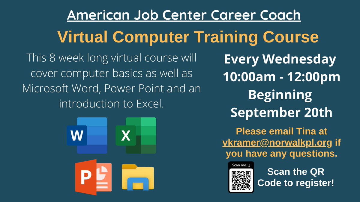 NorwalkLibCT's tweet image. 🚀 Boost your career with our 8-week Computer Training Course on Zoom, starting Sept 20th! 📷 Register now: tinyurl.com/2zcpdhhd Don't miss out!
#ComputerTraining #VirtualLibraryProgram #CareerDevelopment #DigitalSkills #NPL #NorwalkCT #AmericanJobCenter