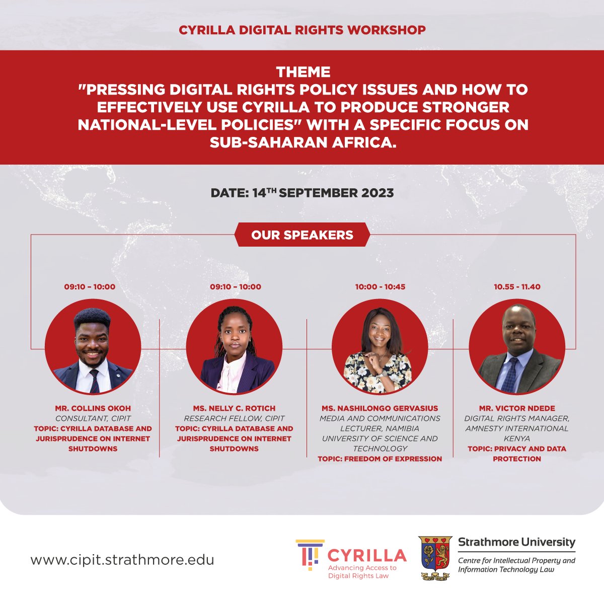 Day 2:
Mr. Collins Okoh and Ms. Nelly C.- CYRILLA Database and Jurisprudence on Internet Shutdowns

Ms. Nashilongo Gervasius-Freedom of Expression

Mr. Victor Ndede-Privacy and Data Protection