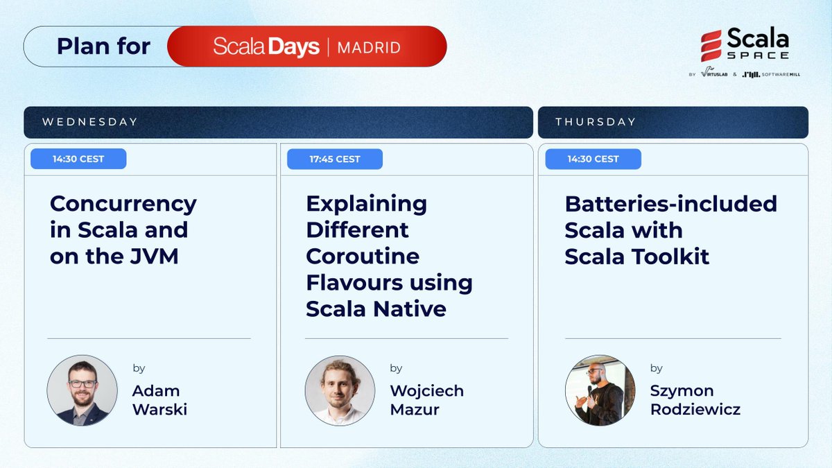 ScalaSpace's tweet photo. We prepared 3 talks for #ScalaDays:
-Concurrency in #Scala and on the #JVM by @adamwarski
-Explaining Different #Coroutine Flavours using #ScalaNative by @WojciechM_dev
-Batteries-included Scala with Scala Toolkit by @SimonrDev
Want to discuss them directly with the speakers? Join us at our stand!