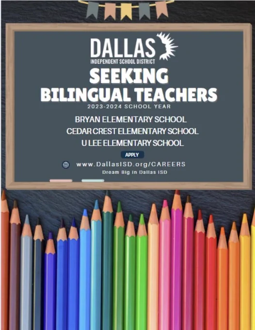 MelodyATillman's tweet photo. Dallas ISD wants to invite you to apply for teaching opportunities at Bryan, Cedar Crest, and U Lee Elementary School!   

We encourage interested Bilingual Teachers with a Texas Teaching Certification for the 23-24 school year to apply at https://t.co/yfQvSIdMcY. https://t.co/5Qy7WGf5Cs