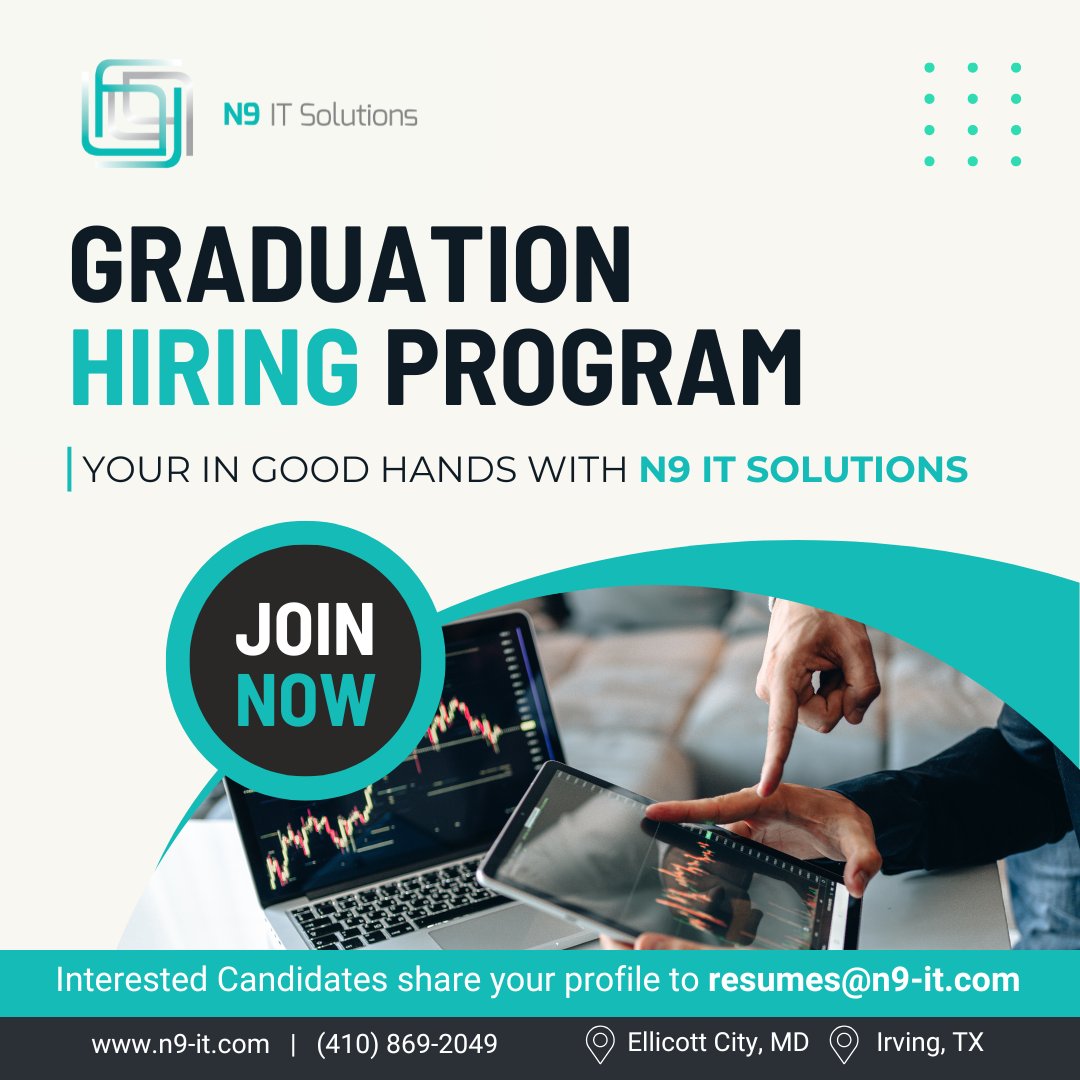 Want to Make your Career in your Dream Job...! We are Hiring All Recent Graduates Contact us for more details - +1 410-869-2049 Share your resume to resumes@n9-it.com Website - n9-it.com #graduationhiringprogram #n9itsolutions