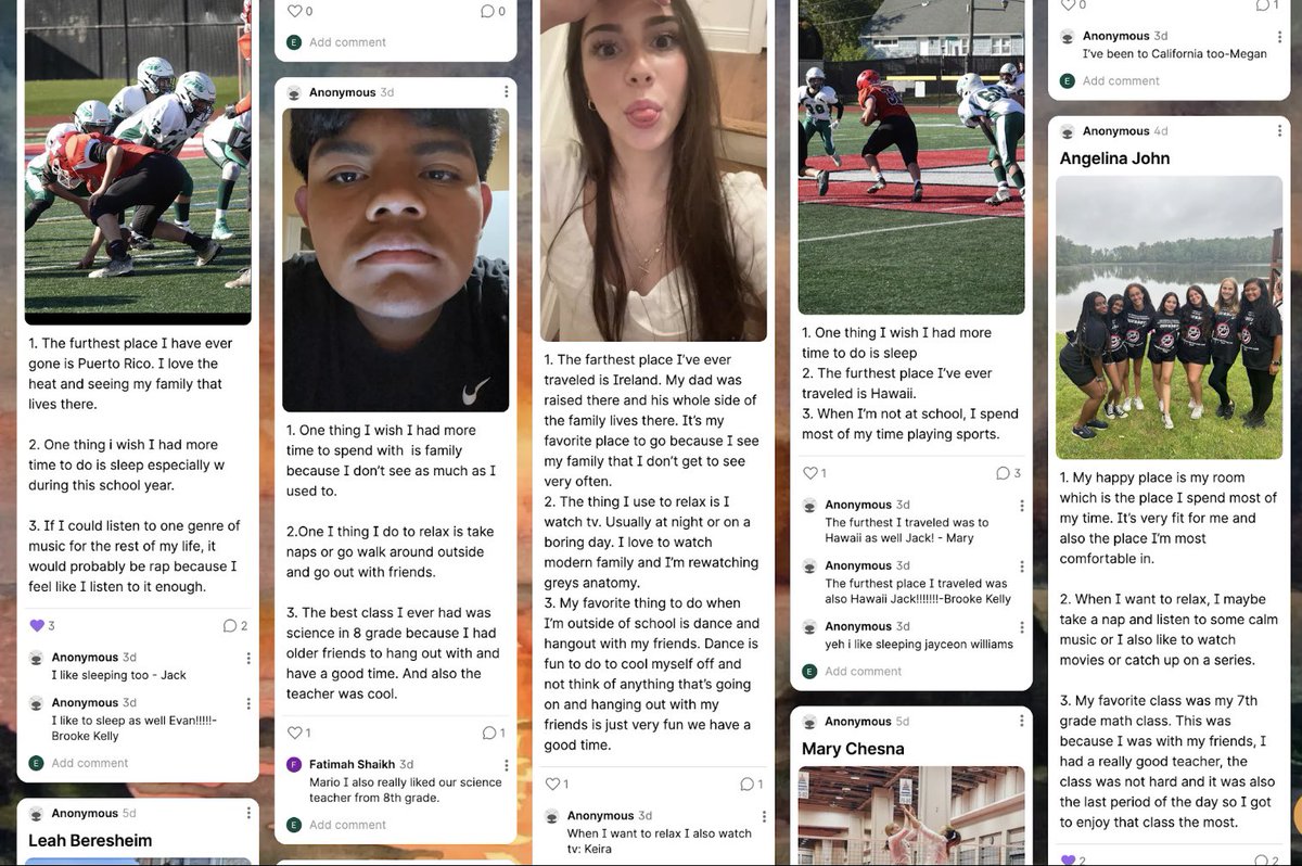 We dedicated our 1st week together building our classroom community. The volume in the room was music to my ears! 2 of my favorite activities to kickstart the year; “Take a selfie” padlet &amp; speed dating. Ss were challenged to keep the conversations flowing &amp; going.On to Week 2 ✅