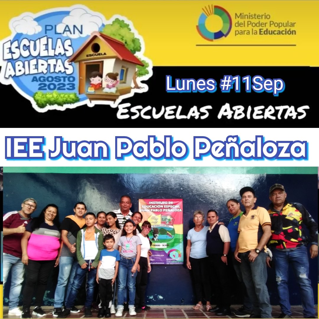IEE Juan Pablo Peñaloza (@ieejuanpablop) on Twitter photo Así damos inicio en el <a href="/IEEJuanPabloP/">IEE Juan Pablo Peñaloza</a> este 📅 Lunes #11Sep al Plan Escuelas Abiertas 💒 en la Sede de nuestro Instituto🏘️.
🕣 8:30 AM.
👉👈
🎉🥳
<a href="/Berzabethg1/">Berzabethgandicaoficial</a> <a href="/_LaAvanzadora/">Yelitze Santaella</a> <a href="/NicolasMaduro/">Nicolás Maduro</a> <a href="/CDCETachira/">CDCE Táchira</a> <a href="/info_mppe/">INFO MPPE</a> <a href="/Div_Ini_Pri_Esp/">Divi. de Niños y Niñas ZET</a> <a href="/EeTachira/">Especial Tachira</a> <a href="/especialmppe/">Dir. General de Educ. Especial</a> @MPPEDUCACION Así damos inicio en el <a href="/IEEJuanPabloP/">IEE Juan Pablo Peñaloza</a> este 📅 Lunes #11Sep al Plan Escuelas Abiertas 💒 en la Sede de nuestro Instituto🏘️.
🕣 8:30 AM.
👉👈
🎉🥳
<a href="/Berzabethg1/">Berzabethgandicaoficial</a> <a href="/_LaAvanzadora/">Yelitze Santaella</a> <a href="/NicolasMaduro/">Nicolás Maduro</a> <a href="/CDCETachira/">CDCE Táchira</a> <a href="/info_mppe/">INFO MPPE</a> <a href="/Div_Ini_Pri_Esp/">Divi. de Niños y Niñas ZET</a> <a href="/EeTachira/">Especial Tachira</a> <a href="/especialmppe/">Dir. General de Educ. Especial</a> @MPPEDUCACION