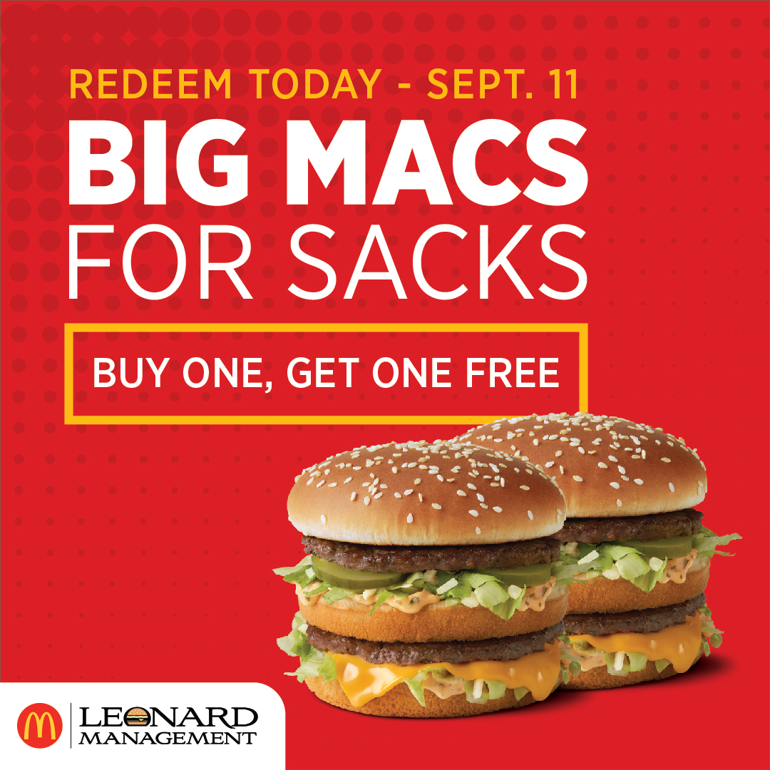 Celebrate the Huskers' big sack last Saturday with a BOGO Big Mac® deal! 🏈🍔 Don't miss out - redeem your Macs TODAY!

Find participating locations in Omaha, Norfolk, Fremont, Wayne, Blair, and O’Neill ➡️ bit.ly/3uhTDMr.