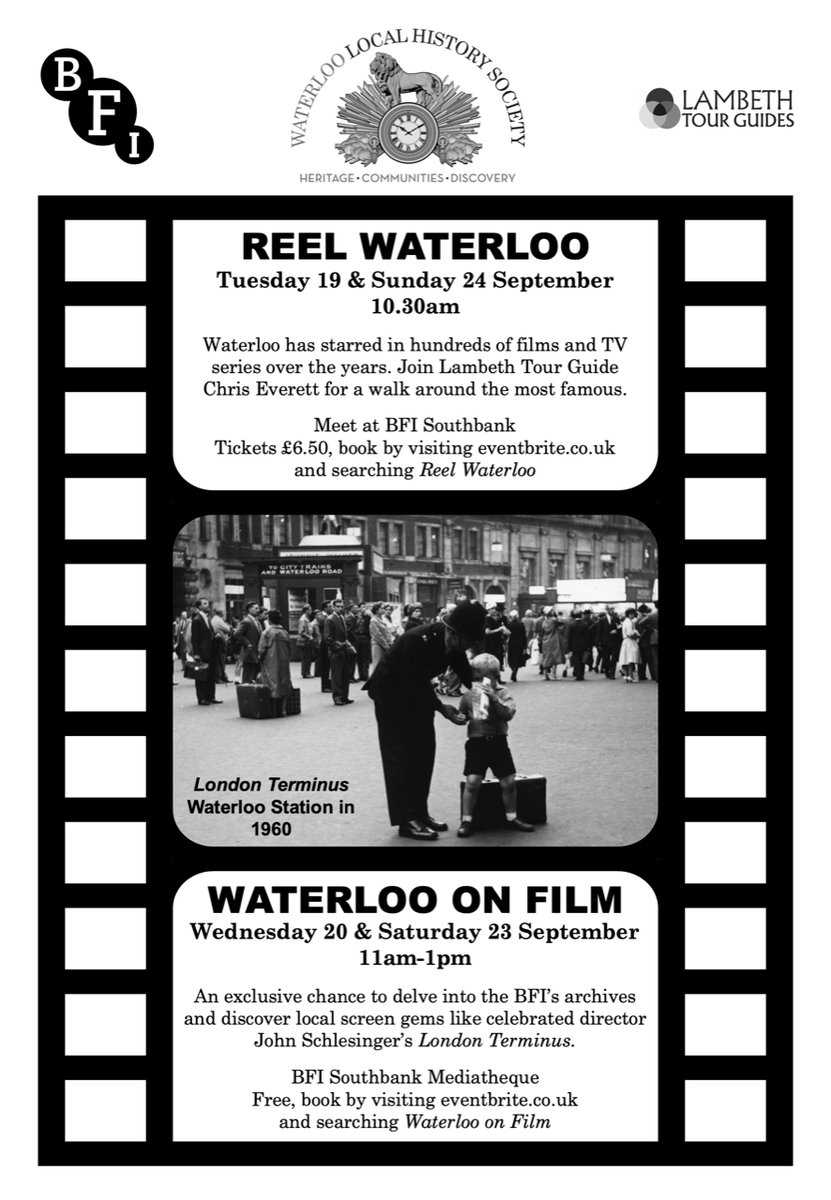 WATERLOO’s links with films is more than having the home of the British Film Institute on the South Bank: it has starred in hundreds of films and TV series. Interested? See the events in the flyer below.
Part of the Lambeth Heritage Festival bit.ly/LHFProg2023