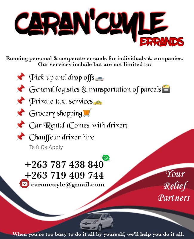 Kuda110588's tweet photo. @RealTalkFadzie CARAN'CUYLE ERRANDS
#BYO. We run personal &amp; cooperate errands. Services include but not limited to:
📌Pick up &amp; drop off
📌General logistics &amp; transportation of parcels
📌Private taxi
📌Grocery shopping
📌Car Rental (with driver)
📌Chauffeur driver hire
https://t.co/RHThBqwvCx https://t.co/4t9MgawSyL