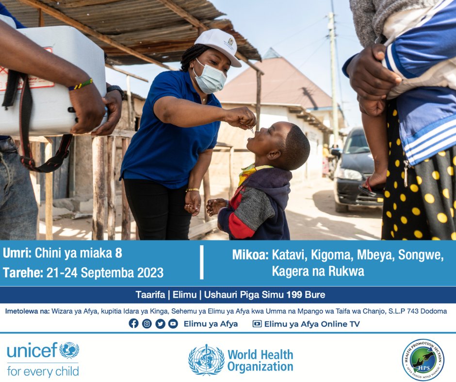 UNICEFTanzania's tweet photo. Muda umekaribia...
✅Katavi
✅Kigoma
✅Mbeya
✅Songwe
✅Kagera
✅Rukwa
Mko tayari? Mlinde mwanao na watoto wote kwa kuwapa chanjo inayookoa maisha 💉
Siku 10 zijazo tutatoa chanjo nyumba kwa nyumba ili kutoa mstakabali mwema #KwaKilaMtoto
@wizara_afyatz  @WHO_Tanzania https://t.co/25TVhhUpwX