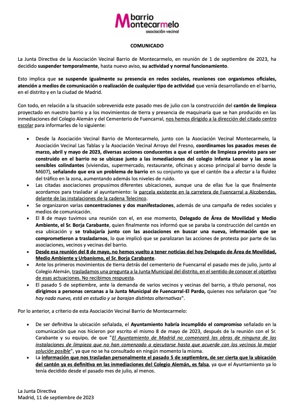 Nuestro comunicado sobre nuestra suspensión de actividad y e información relativa al cantón de limpieza previsto en #Montecarmelo. 

Nos hemos puesto a disposición del Colegio Alemán para lo que puedan necesitar.

Gracias a tod@s aquell@s que nos habéis acompañado en este camino.