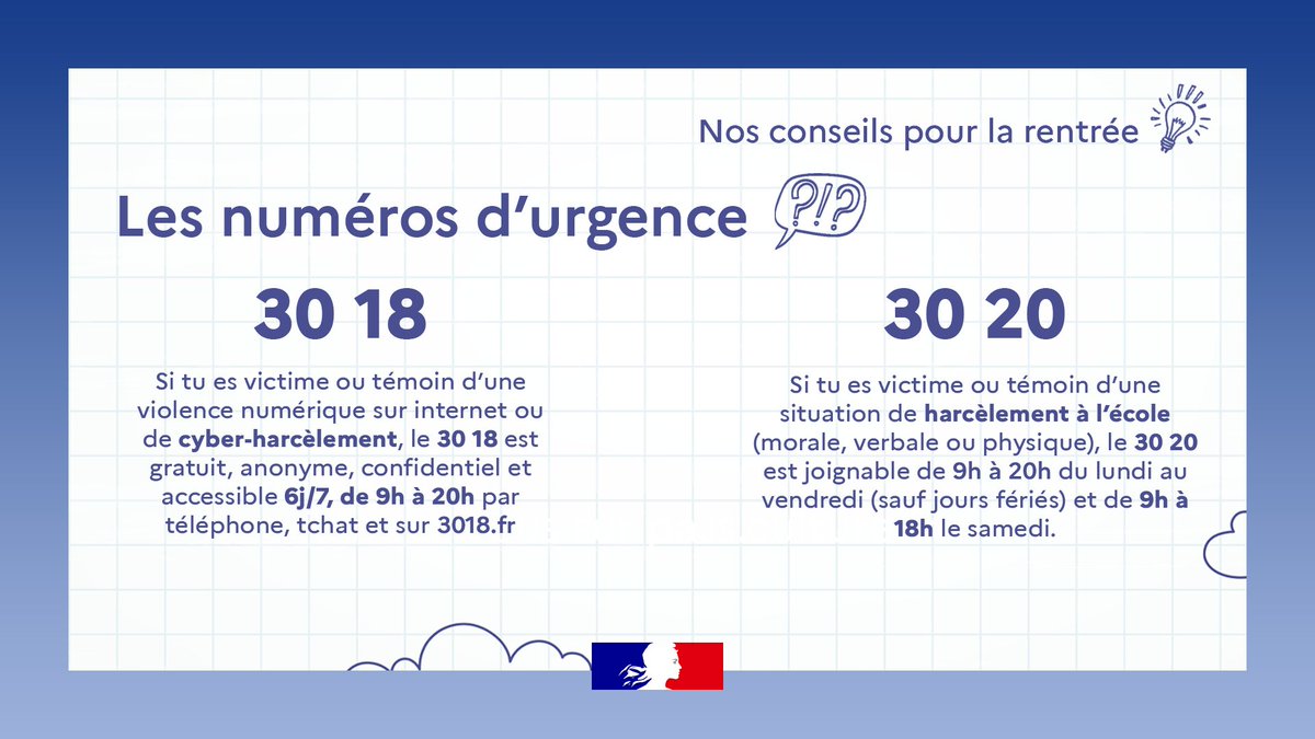 #Rentrée2023 🏫| Victime ou témoin de harcèlement à l’école ou de #cyberharcelement, des numéros existent pour t'aider et t'orienter ☎️
Plus d'informations sur ➡ swll.to/Y5orc
