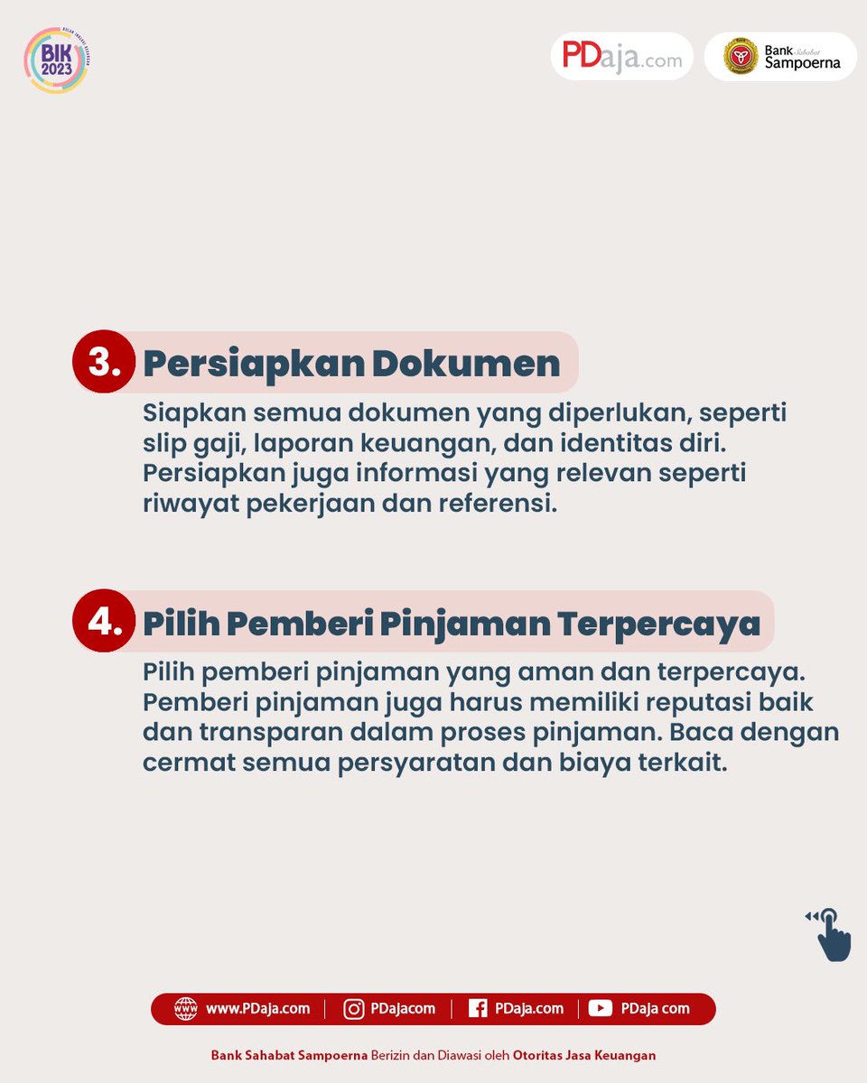 PDajacom's tweet photo. Hi PD People! Sebelum mengajukan pinjaman ada baiknya untuk memperhafikan tips-tips diatas ya 😊 

#PDajaDulu #PDajadotcom #BankSahabatSampoerna #PinjamanDanaUsaha #OJK #PinjamanDana #PinjamanCepat #PinjamanMudah #PinjamanRekeningKoran https://t.co/Gz5Fe8AnXw