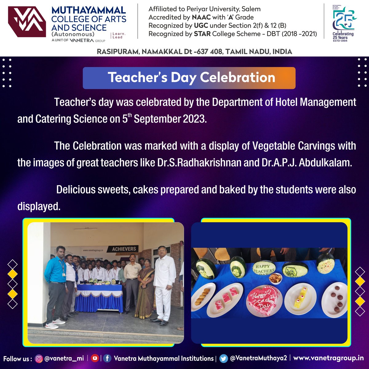 VanetraMuthaya2's tweet photo. Teacherβs day was celebrated by the Department of Hotel Management and Catering Science on 5th September 2023.
#teachersday #teachersday2023 #teachersdayspecial #teachersdaycelebration #teachers #teachersofinstagram #hotelmanagement #cateringscience #hmcs #MCAS https://t.co/dzGyMh5uNa