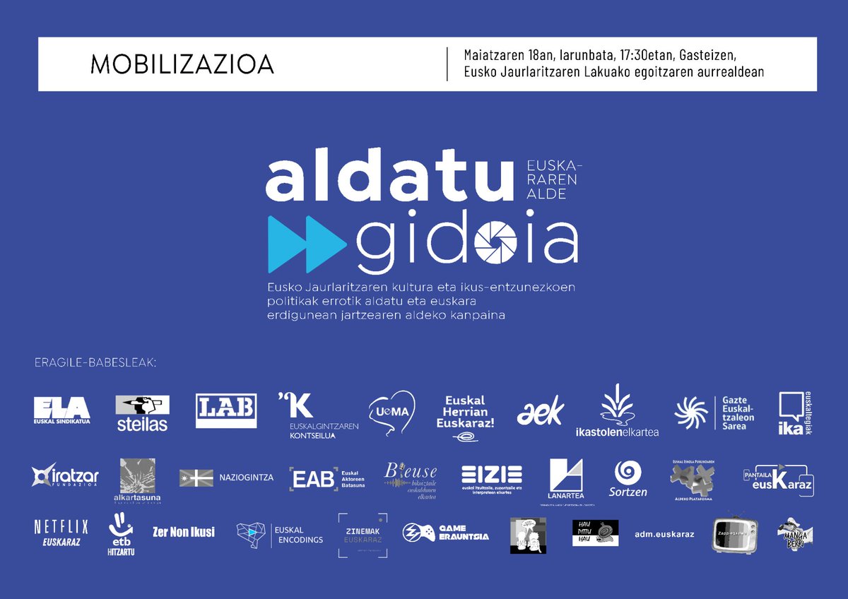 31 eragileren babesarekin abian dugu #AldatuGidoia kanpaina! EJri eta #EiTB|ri eskatzen diogu kultura eta ikus-entzunezko politikak errotik aldatzeko. #ErdiguneraEuskara

Sinatzeko lotura: labur.eus/aldatugidoia 
Telegram kanala: t.me/AldatuGidoia

Maiatzak 18 • Gasteiz