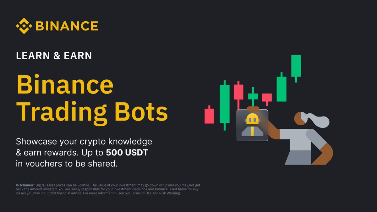 BinanceAfrica's tweet photo. ⏰Time to put your #BinanceTradingBot knowledge to the test.

Stand a chance to share 500 USDT 👉 50 lucky winners!💰

🔸Repost ♻️
🔸Follow @BinanceAfrica
🔸Tag 5 friends to join the fun with #BinanceTradingBot
🔸Participate in Quiz ➡️ https://t.co/cukvnex4e3 https://t.co/AwGZGnoZJp