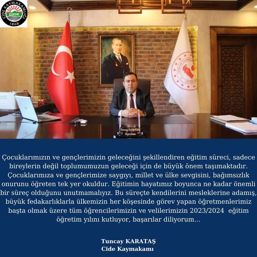Kaymakamımız Sayın Tuncay KARATAŞ'ın 2023-2024 Eğitim-Öğretim Yılı Açılışı ve İlköğretim Haftası Kutlama Mesajı ⤵️