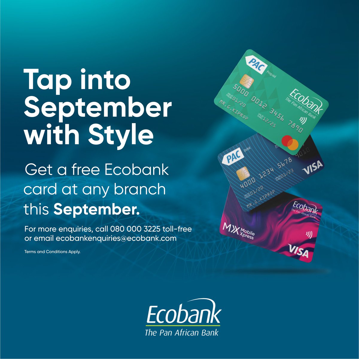 EcobankGhanaPLC's tweet photo. Unlock September's possibilities with a FREE Ecobank card! 💳 Visit any #Ecobank branch and get your today. Embrace convenience and style this #September!
#EcobankCards #FreeCardSeptember #ThePanAfricanBank https://t.co/1h6WXWcTsg