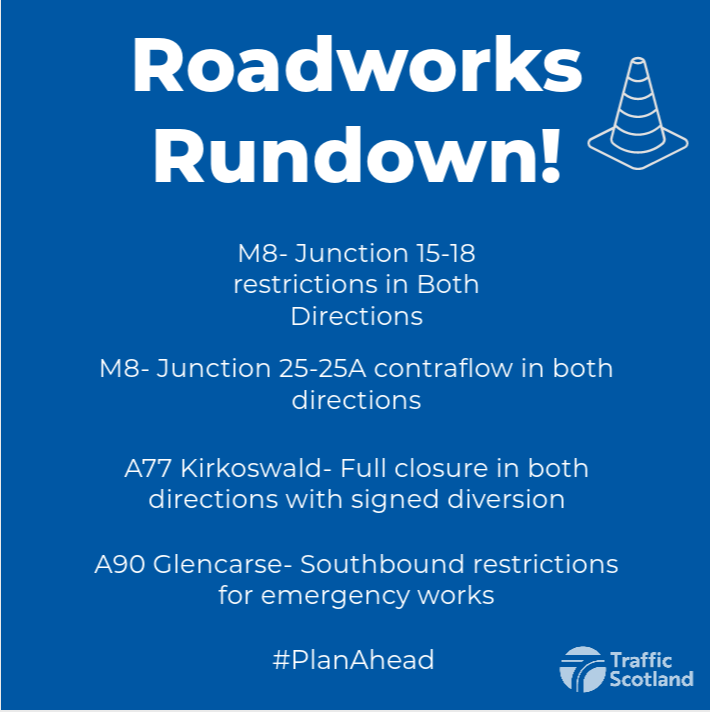 Check out our Roadworks Rundown for the week ahead!👷 For information on all roadworks affecting the trunk routes head to traffic.gov.scot You can also use our route checker to plan for delays on your route!🗺️ #PlanAhead